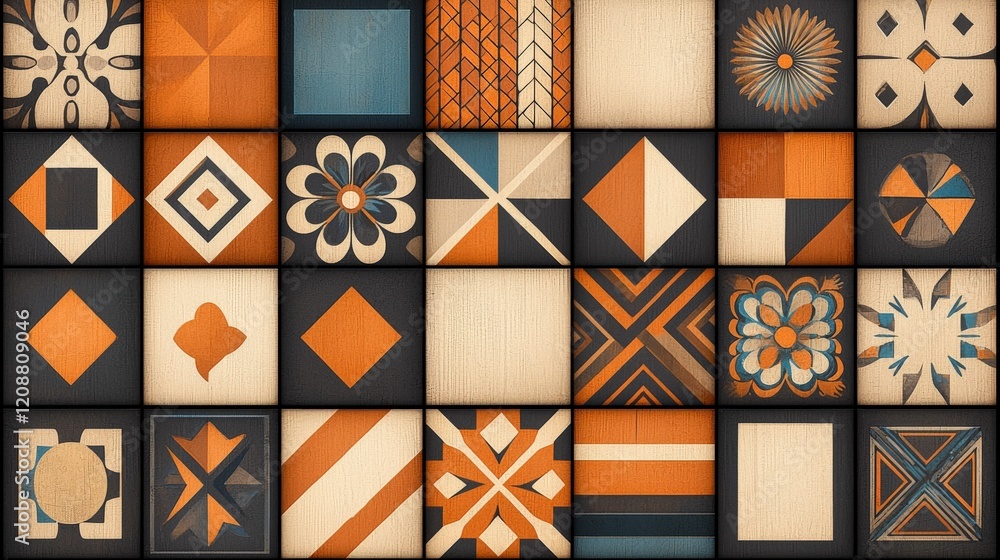 Poster colorful geometric patterns arranged in a grid, featuring earthy tones and various shapes for a dyna