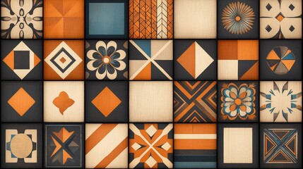 Colorful geometric patterns arranged in a grid, featuring earthy tones and various shapes for a dynamic and artistic appearance.