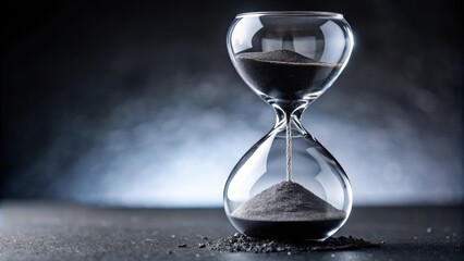 Close-up of glass hourglass filled with fine black sand, time, countdown, clock, timer, sand, glass,precise, measurement