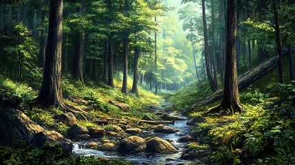 Fototapeta premium Sunlit Creek Winding Through a Lush Green Forest