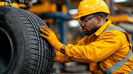 A worker in safety gear inspects a tire in an industrial setting, demonstrating focus and professionalism in a manufacturing environment.