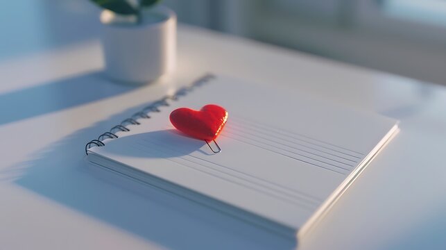 A white notepad with a red heart-shaped paperclip holding a small love note, placed on a white desk,