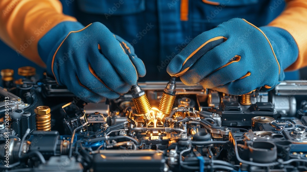 Poster a person wearing gloves works on intricate machinery, using tools to manipulate components and creat
