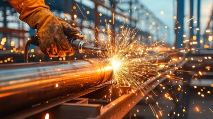 A worker uses a welding tool on a metal pipe, creating sparks in a construction site during sunset.
