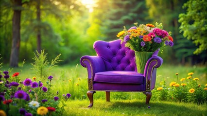 A rich purple armchair sits elegantly, framed by colorful flowers against a calming green background.