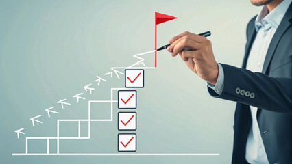 business professional climbs a staircase of success, marking achievements along the way.
2. Step by step, goals are achieved as a determined individual ascends the ladder of success.