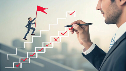 business professional climbs a staircase of success, marking achievements along the way.
2. Step by step, goals are achieved as a determined individual ascends the ladder of success.