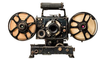Vintage film projector showcasing intricate design and mechanical detail from early cinema isolated on transparent background