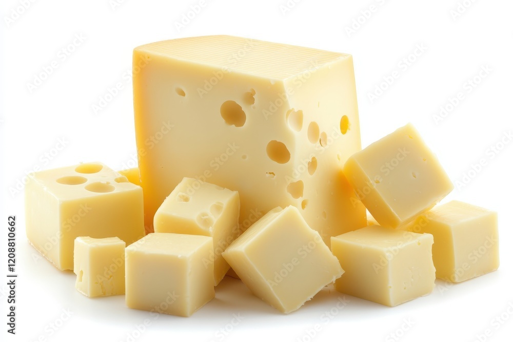 Fototapete Swiss cheese blocks including one large wedge and several smaller cubes isolated on white background