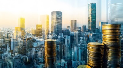 Cityscape with Stacks of Gold Coins Representing Financial Growth