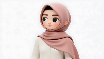 Adorable 3D Render: Young Woman in Dusty Rose Hijab