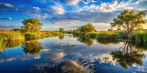 Obraz premium A serene wetland landscape with diverse plant life, calm water, and reflections of the sky above , wetland