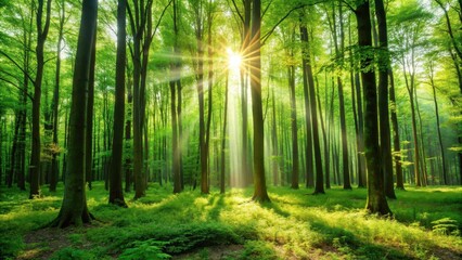 Obraz premium Lush green forest with tall trees and sunlight filtering through the branches, nature, woods, trees, flora, greenery
