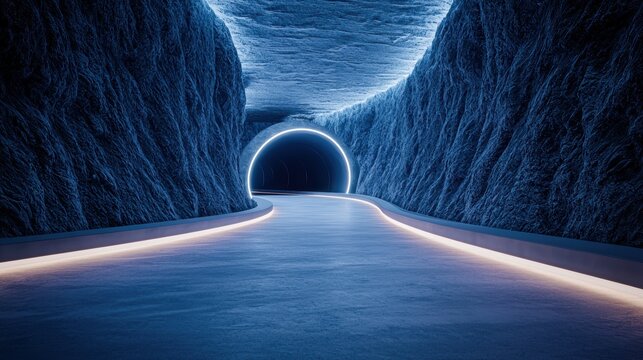Hyperloop train travelling at high speed through a tunnel External view of a hyperloop train entering a tunnel, with its sleek design and futuristic aesthetics highlighted.