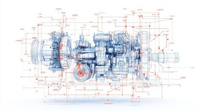 Abstract digital illustration of a mechanical design with blueprints, gears, and circuit elements on a white background.
