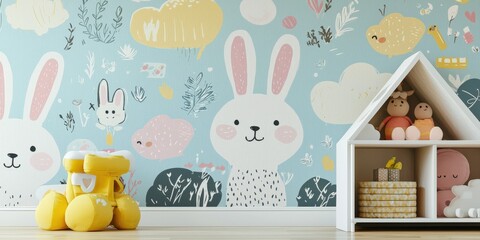 Cute animal wallpaper with cartoon-style bunnies in a cheerful child's playroom