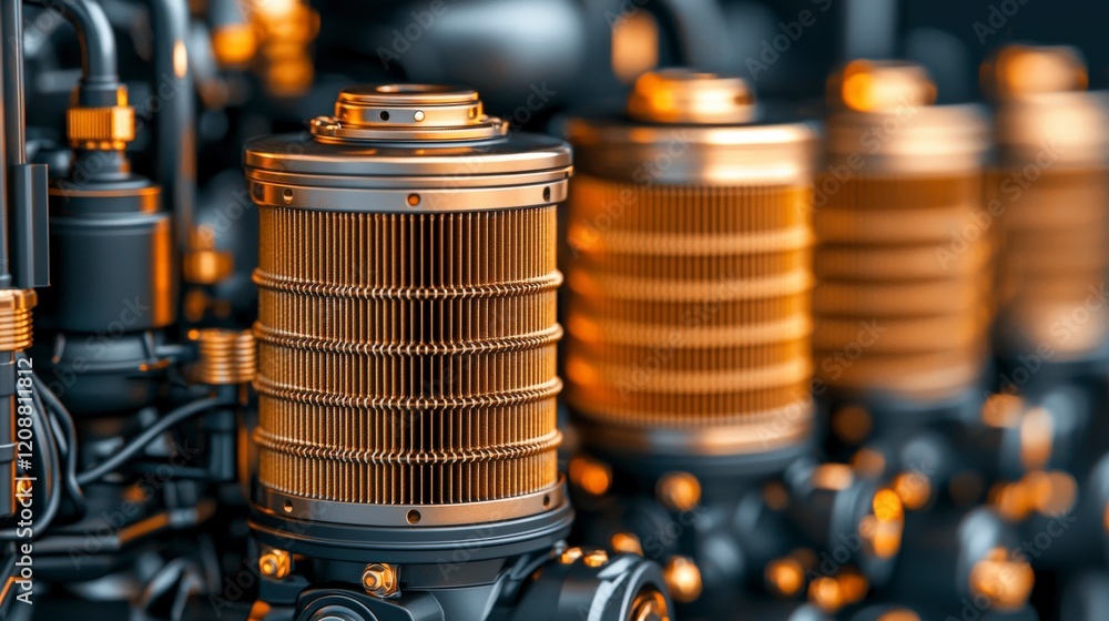 Poster focused view of metallic engine components with intricate details and a warm color palette, emphasiz