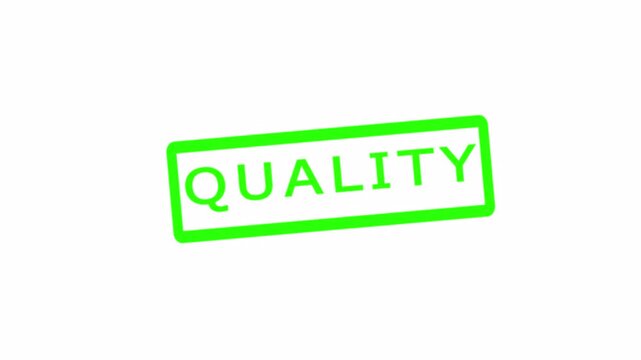 Green rubber stamp of QUALITY animation on transparent background, "QUALITY" text stamp animated on white background for social media and other videos.