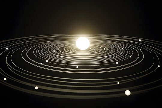 3D solar system animation, black background, sun in the center and planets orbiting around it
