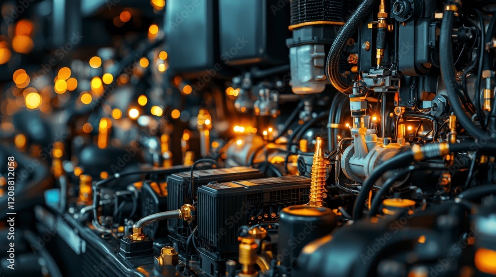 Poster close-up view of intricate machinery with illuminated components, showcasing a blend of technology a