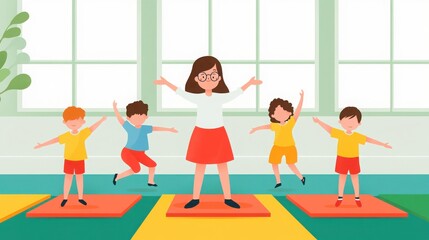 A playful scene of children dancing with a teacher in a bright classroom, promoting fun and physical activity.