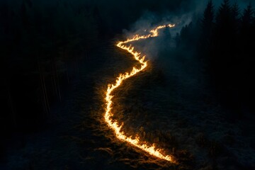 Obraz premium A drone photo of the top view of an orange, burning forest at night. The trees form the shape and outline of a lightning bolt, and the smoke is rising up into the dark sky