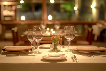 Fototapeta premium A beautifully set table in an upscale restaurant with soft and warm lighting