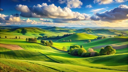 Obraz premium Scenic rural landscape with green fields, blue sky, and rolling hills, scenic, rural, landscape, green, fields