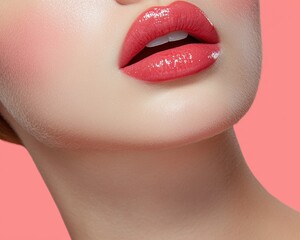 Obraz premium Close-up of woman's lips with glossy pink lipstick
