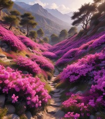Full bloom azaleas carpeting the hillside in shades of pink and purple under the warm sunlight , spring, meadow, garden