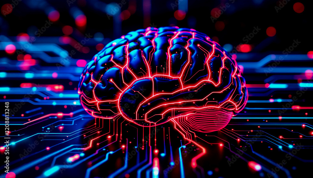 Poster futuristic brain with circuitry design, representing ai and technology