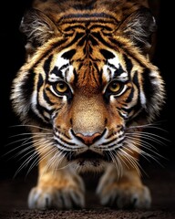 Fototapeta premium Close-up of a tiger's face, showing its intense gaze and stripes