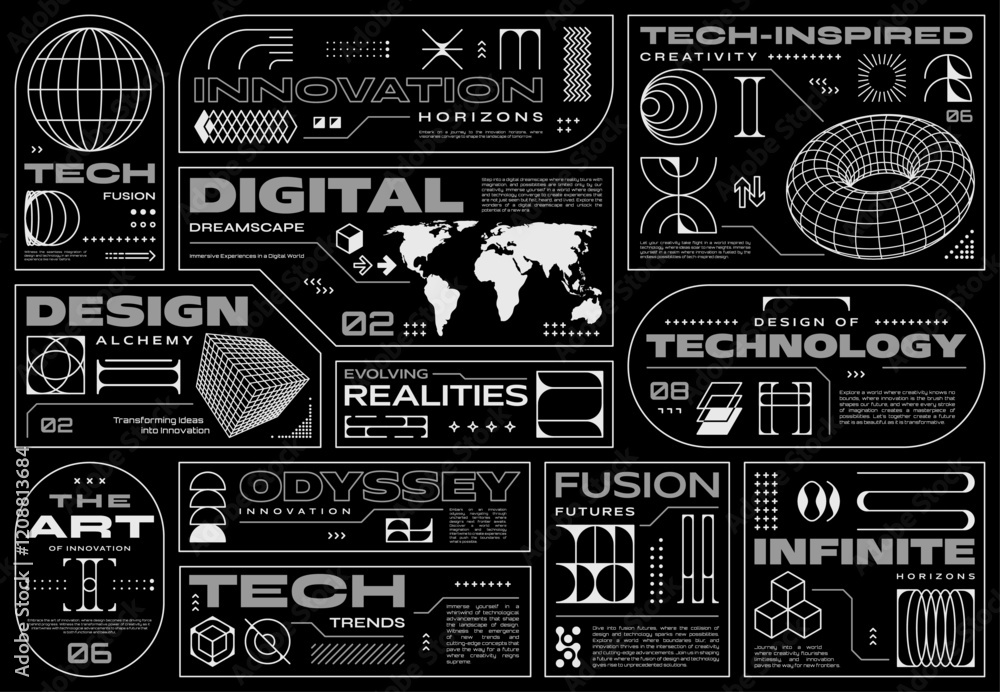 Aufkleber retro futuristic cyberpunk labels featuring technology and innovation. vector black and white y2k, h