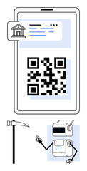 Mobile phone screen displaying a QR code, transaction window, pickaxe, and AI robot. Ideal for digital banking, QR code transactions, cryptocurrency mining, technology advancement, AI integration