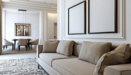 Fototapeta premium Blank frames above an elegant sofa in a warm, minimalist living room.