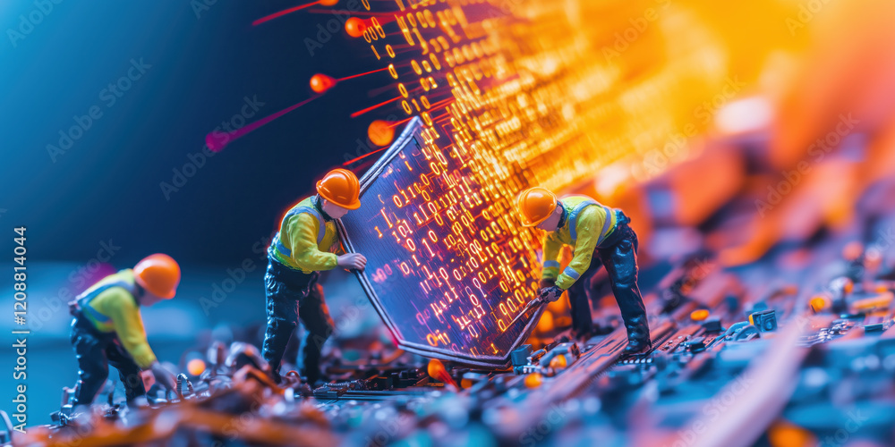 Poster miniature workers fixing glowing circuit board with digital code sparks