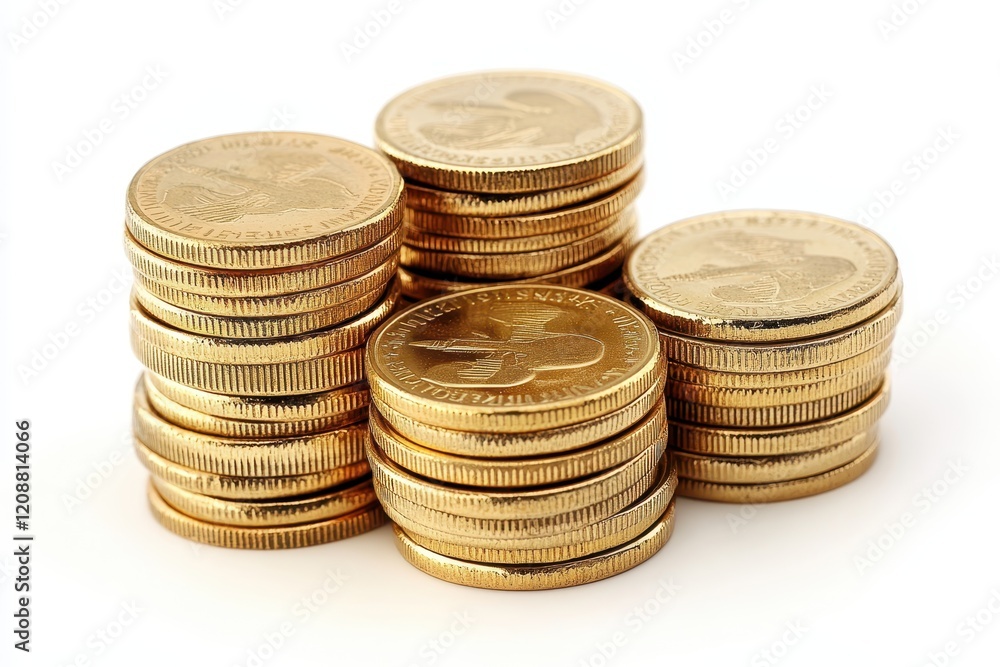 Poster a neatly arranged stack of golden coins piled up to different heights isolated on a white background
