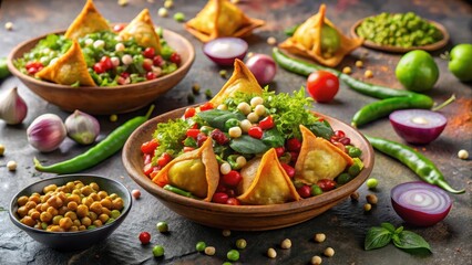 Delicious Samosa and Peas Chole Chaat with assorted spices and chutneys, Samosa, Peas Chole, Chaat, Indian street food