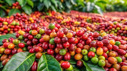 Close up of freshly harvested coffee arabica beans on a plantation, coffee, arabica, beans, harvest, plantation, agriculture