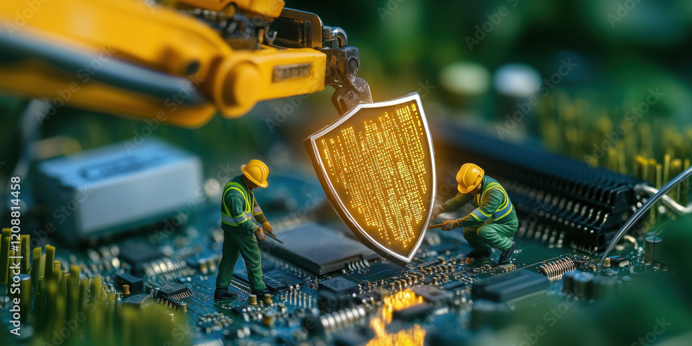 Poster creative macro image of miniature workers securing glowing shield on circuit board