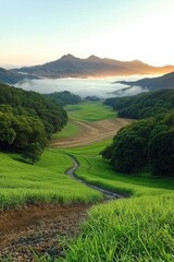 Fototapeta premium Picturesque winding road through lush green valley and fog-covered mountains