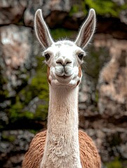 Obraz premium Close-up portrait of a fluffy llama looking directly at the camera
