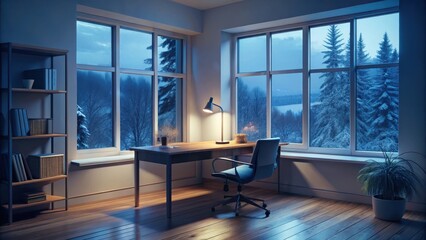 Fototapeta premium Calm lofi desk interior on a cold winter evening, empty study room with chill vibes, 4k wallpaper background, lofi, desk