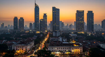 Obraz premium Jakarta Skyline at Dusk with Glowing City Lights