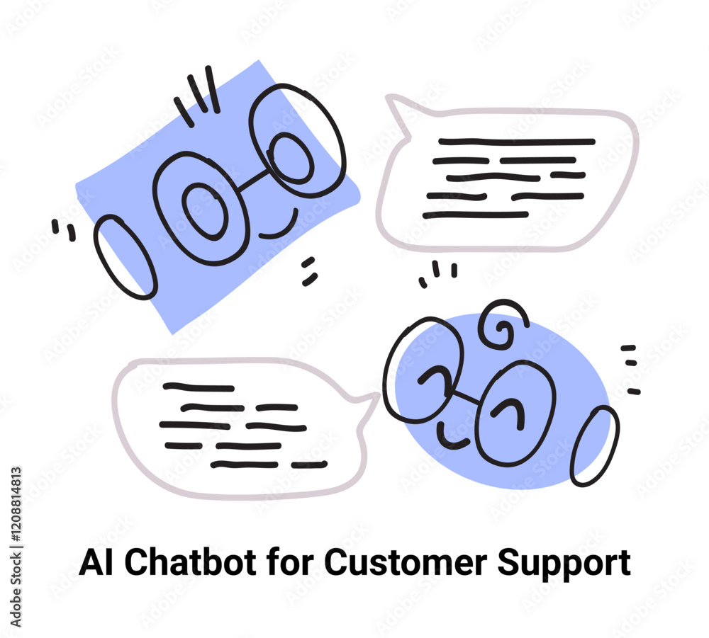 Poster ai chatbot customer support concept with smiling faces and speech bubbles in blue and white minimali