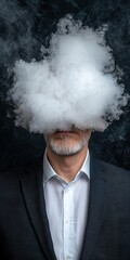 Businessman obscured by a large cloud of vapor, conceptual image of mystery and concealment
