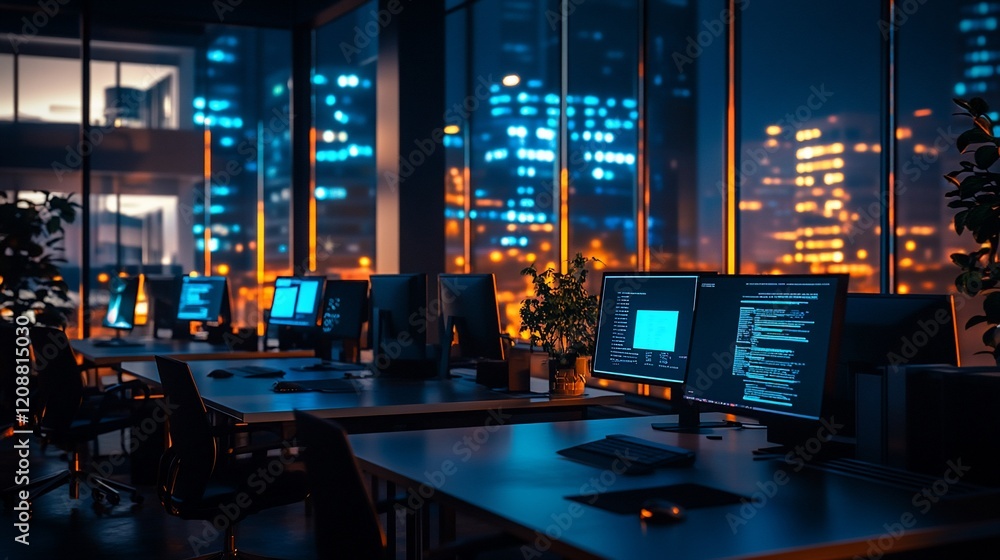 Poster nighttime office view with computer monitors and city lights visible through windows