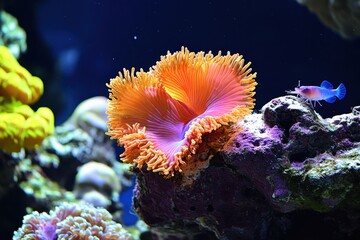 Obraz premium Vibrant Orange Coral with Delicate Tentacles in a Marine Aquarium Setting Highlighting the Beauty of Underwater Life and Colorful Fish Swimming Nearby
