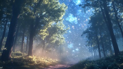 Obraz premium A Mystical Forest Path Under a Starry Sky
