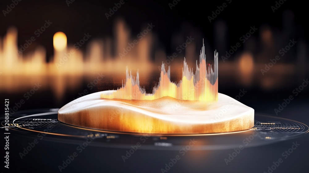 Poster dynamic 3d visualization of abstract sound waves in golden and black color palette